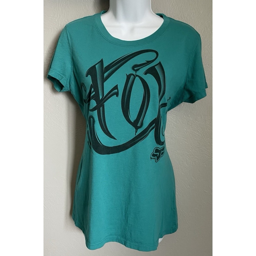 Vintage Fox Short Sleeve T-Shirt Womens Size Medium Green Slim Fit Graphic Top